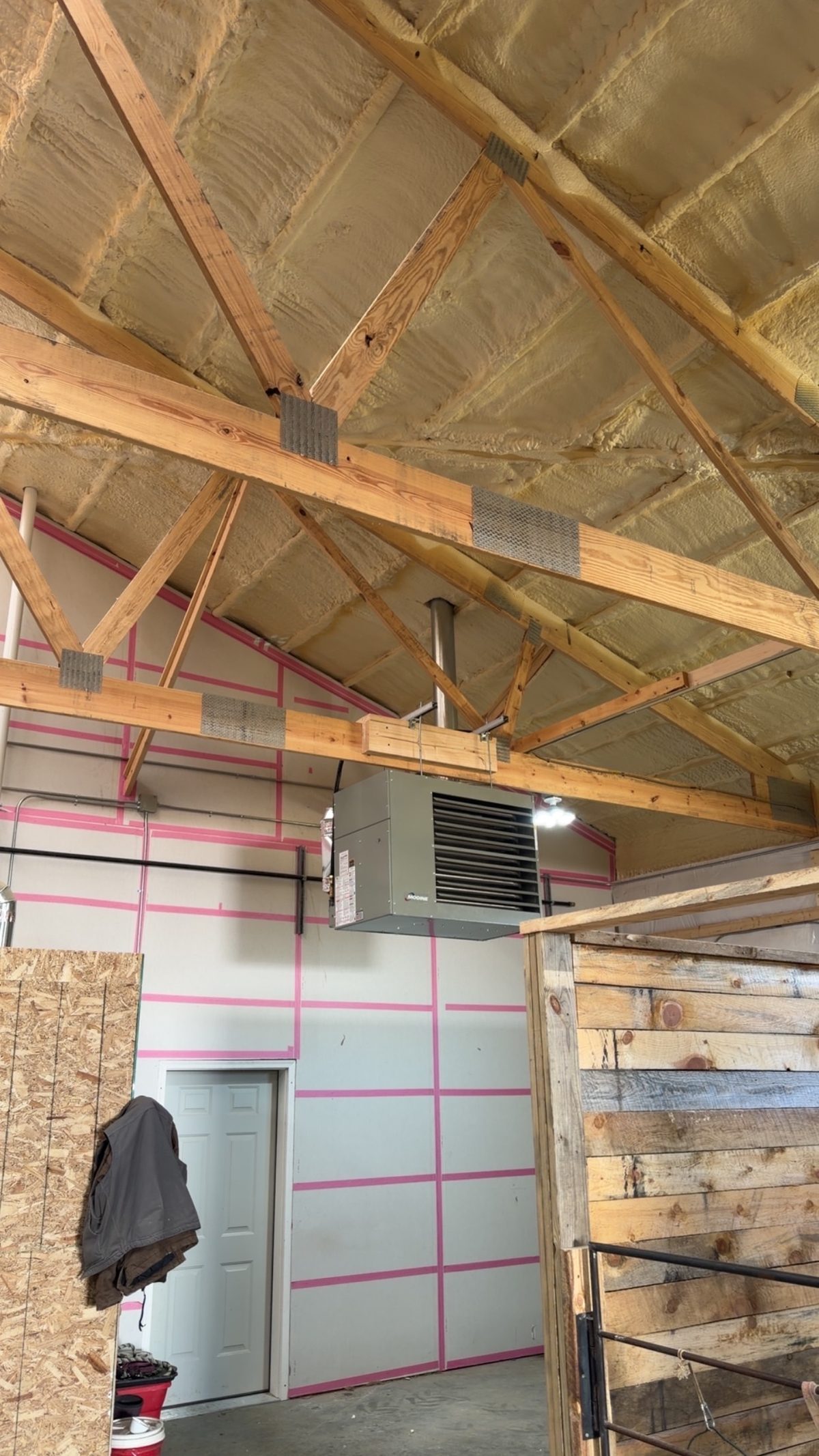 Furnace installation in insulated barn with spray foam near Cody Wyoming